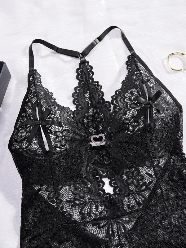 Women's Heart Decor Contrast Lace Cami Bodysuit, Sexy Scallop Trim Backless Lingerie for Women, Fashion Comfy Women's Underwear for All Seasons